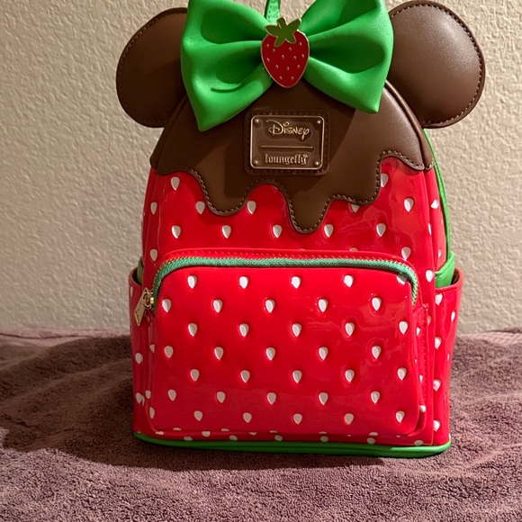 Loungefly Red and Brown Strawberry Backpack with Green Bow